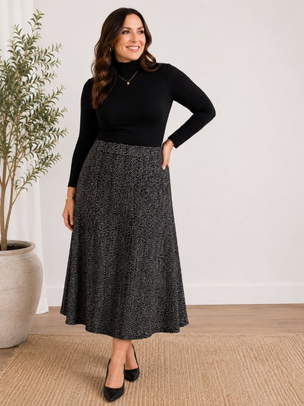 Susan Graver Women's Midi Skirt 2X Black White Pull On Stretch Flowy Classic